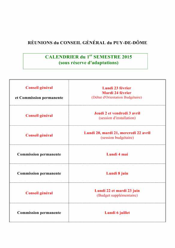 calendrier 1er semestre 2015