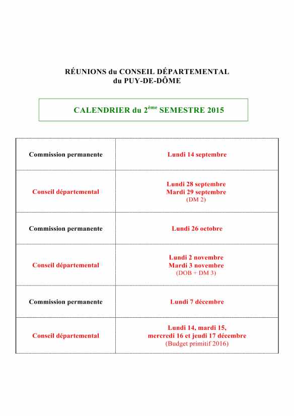 Calendrier 2eme semestre 2015